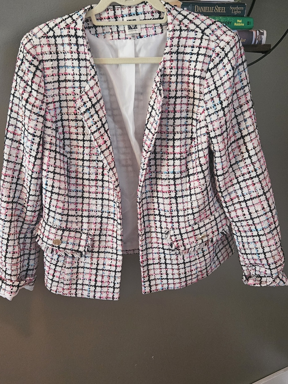 Anne Klein White Tweed Open-Front Blazer with Pink & Blue Accents